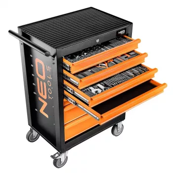 NEO TOOLS verkstadsskåp med 7 lådor och 129-delad verktygssats, röd/svart, kullagrade utdrag, centrallås, 400 kg bärförmåga
