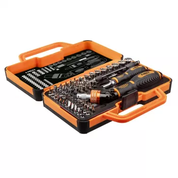 NEO TOOLS 69-delat skruvmejsel-bitset med spärrhandtag, S2-stålbits, 1/4 inch sexkant, Phillips, Pozidriv, spår, Torx, insex, fyrkant, spanner, Tri-Wing, Torq-Set, magnetisk hållare, förvaringsväska