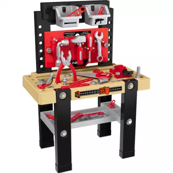 NEO TOOLS mini verktygsuppsättning för barn verkstad 3-i-1 väska ryggsäck arbetsbänk med 40+ tillbehör, leksaksborrmaskin, verktyg, muttrar & skruvar, för barn från 3 år