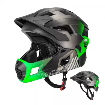 Rockbros TS-61 barncykelhjälm, konvertibel med avtagbart hakskydd, grön, storlek M (54-57 cm)