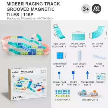 Mideer MD6395 magnetisk racerbana med 2 bilar, 115 delar, 3+ år