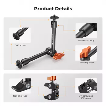 KF Magic Arm + Super Clamp monteringssats med 1/4 inch och 3/8 inch gänga, 15–55 mm käft, svart