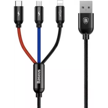 Baseus Primary Colors 3-i-1 USB 2.0 Type-A till Micro, USB-C och Lightning-kabel 30 cm svart/röd/blå