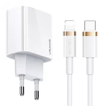 USAMS T34 20W USB-C PD väggladdare med U63 USB-C till Lightning-kabel kit – vit