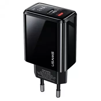 USAMS 20W tvåports USB-C PD3.0 + USB-A QC3.0 väggladdare (EU-kontakt, svart)
