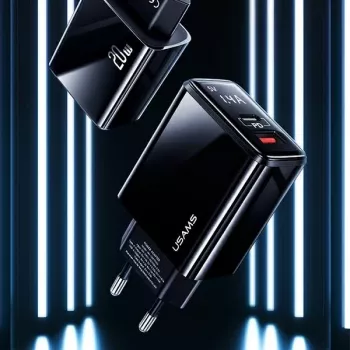 USAMS 20W tvåports USB-C PD3.0 + USB-A QC3.0 väggladdare (EU-kontakt, svart)