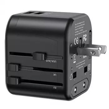 USAMS T55 universell reseadapter 2xUSB 12W US/AU/EU/UK svart CC173TC01
