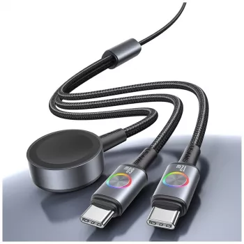 USAMS Huan Series SJ754 72W USB-C till USB-C-kabel med inbyggd magnetisk trådlös smartwatch-laddare, svart, 1,2 m