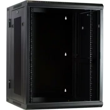 DSIT 15U väggmonterat serverskåp med glasdörr och perforerade sidopaneler, 600x600x770 mm, svart
