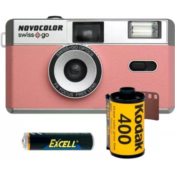 Swiss+Go Novocolor 35mm analogkamera-paket med blixt, rosa (SWI401611)