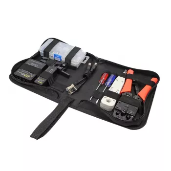 DSIT DC-TOOLSET-PRO professionellt nätverksverktygsset med crimptång, testare, LSA-verktyg, tänger, skruvmejslar, kontakter och blixtlåsfodral