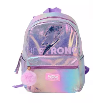 Holo Wow holografisk skolryggsäck för flickor med pompom och justerbara remmar WOW00048