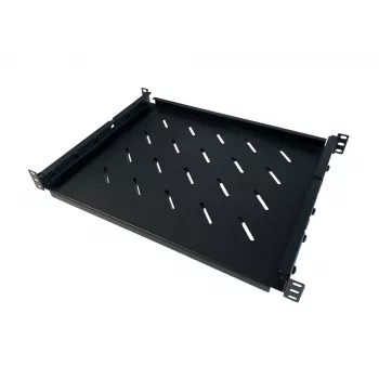 DSIT 19 inch universellt justerbart rackhyllplan 350–590 mm djup, 30 kg belastning, ventilerat, svart