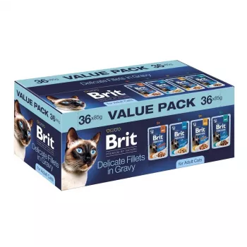 Brit Delicate Fillets in Gravy för vuxna katter - blandat kött & fisk, 36 x 85 g påsar