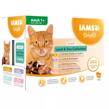 EUKANUBA IAMS DELIGHTS Land & Sea Collection i sås blötfoder för katter – 12x85g påsar (lax & torsk, kyckling & kalkon, lamm & röd paprika)