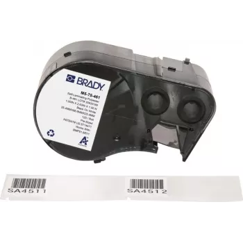 Brady M5-75-461 självlaminerande polyesteretikett rulle, svart på vit/transparent, 25,40 x 66,68 mm, permanentlim, 120 etiketter