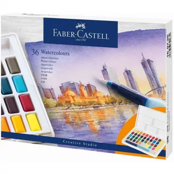 Faber-Castell Creative Studio akvarellfärgsset, 36 färger i fasta paneler med pensel och svamp, blandpalett i locket, studentkvalitet, transparent, påfyllningsbar, portabel plastlåda
