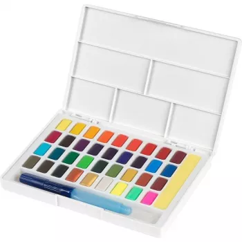 Faber-Castell Creative Studio akvarellfärgsset, 36 färger i fasta paneler med pensel och svamp, blandpalett i locket, studentkvalitet, transparent, påfyllningsbar, portabel plastlåda
