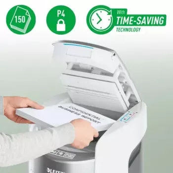 Leitz IQ Optimax AutoFeed 150 P-4 partikeldokumentförstörare med 150-arks automatisk inmatning och 15L behållare, svart