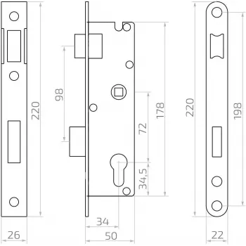 PSG 63.211 L/P instickslås med fall och regel, utbytbar, 220 x 22 mm stolpe, 72 mm PZ, 50 mm avstånd, förzinkat stål