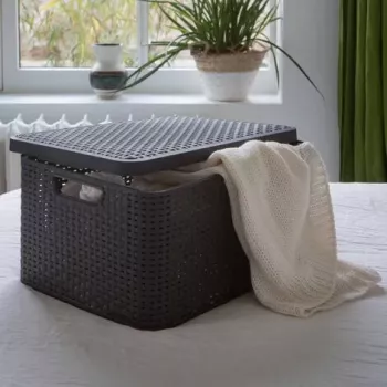 CURVER Style L förvaringslåda med lock, 43,6 x 32,6 x 23 cm, mörkbrun, 32,67 L, hopfällbar, stapelbar, tyghandtag