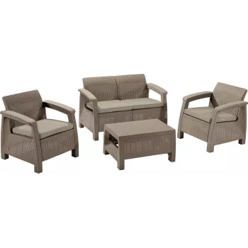 KETER Corfu set 3-delat beige trädgårdsmöbel-set i rattanoptik med grå dynor