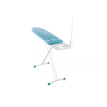 LEIFHEIT Air Board Express L Solid strykbräda 130x38 cm med Thermo-Reflect-teknik, höjdjusterbar 75-98 cm, hopfällbar, axelform, halksäkra fötter, strykjärnshylla, kabelhållare, vit/blå