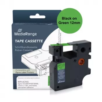 MediaRange plastbandskassett, ersätter Dymo D1 45019/S0720590, 12 mm x 7 m, laminerad, permanent fästande, svart på grön (MRDY45019)