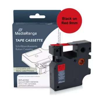 MediaRange plastmärkbandskassett, ersätter Dymo D1 40917/S0720720, 9 mm x 7 m, laminerad, permanent självhäftande, svart på röd (MRDY40917)
