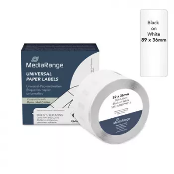 MediaRange universala etiketter, ersätter Dymo 99013/S0722410, 89 x 36 mm, 260 st, permanent fästande, svart på transparent (MRDY99013)