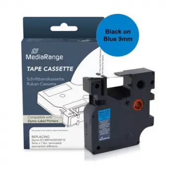 MediaRange plastbandskassett, ersätter Dymo D1 40916/S0720710, 9 mm x 7 m, laminerad, permanent vidhäftande, svart på blå (MRDY40916)