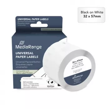 MediaRange universella papperetiketter, ersätter Dymo 11354/S0722540, 32 x 57 mm, 1 000 st, avtagbara, svart på vit (MRDY11354)