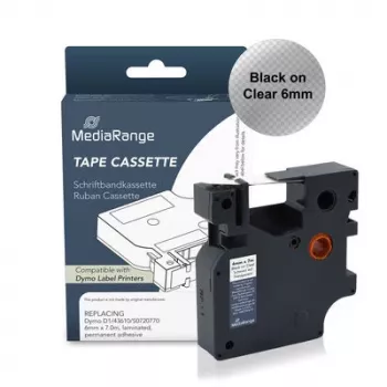 MediaRange plastbandskassett, ersätter Dymo D1 43610/S0720770, 6 mm x 7 m, laminerad, permanent fästande, svart på transparent (MRDY43610)