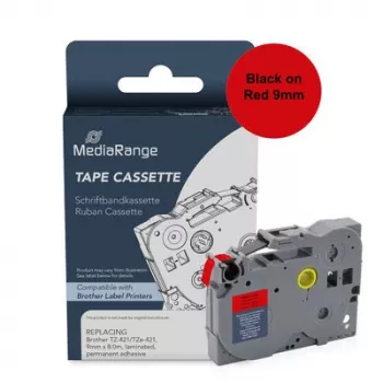 MediaRange märkningsbandskassett, ersätter Brother TZ-421/TZe-421, 9 mm x 8 m, laminerad, permanent fästande, svart på röd (MRBTZ421)