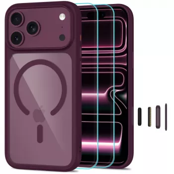 TECH-PROTECT MagOne MagSafe-skal med skärmskydd av härdat glas 2-pack för iPhone 17 Pro Max / 18 Pro Max – Dark Cherry/transparent