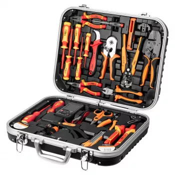 NEO TOOLS 25-delad elverktygslåda, VDE-isolerade handverktyg med spänningsprovare, avisoleringstång, tänger, skruvmejslar och tillbehör i robust plastlåda
