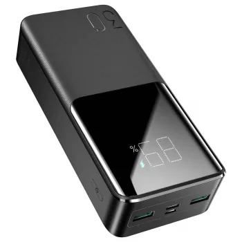 JOYROOM JR-QP193 30000 mAh 22,5W powerbank med digital display, PD3.0/QC3.0, 3 utgångar (2 USB-A + 1 USB-C), 2 ingångar (USB-C + Micro USB), svart