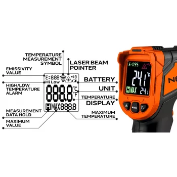 NEO TOOLS 75-276 pyrometer, beröringsfri infraröd termometer med dubbel laserriktning, -50 °C till 880 °C, 12:1 D:S, justerbar emissionsgrad, bakgrundsbelyst LCD