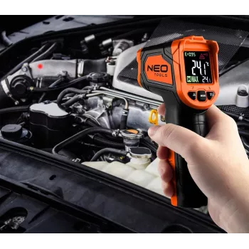 NEO TOOLS 75-276 pyrometer, beröringsfri infraröd termometer med dubbel laserriktning, -50 °C till 880 °C, 12:1 D:S, justerbar emissionsgrad, bakgrundsbelyst LCD