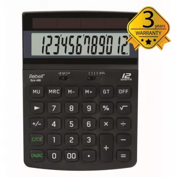 REBELL RE-ECO 450 BX skrivbordskalkylator, 12-siffrig LCD, dual power, återvunnen plast, svart
