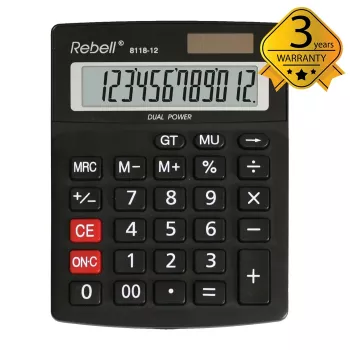 REBELL RE-8118-12 BX halvskrivbordsminiräknare, 12-siffrig vinklad LCD, dual power sol & batteri, svart