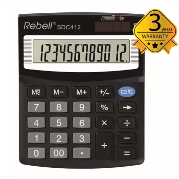 REBELL RE-SDC412 BX halvskrivbordsminiräknare, 12-siffrig LCD, dual power, svart