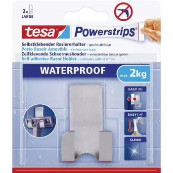 tesa Powerstrips rakhållare WAVE VATTENTÄT, rostfritt stål, för våtutrymmen (dusch/badrum), 1 st