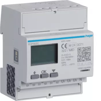 Hager ECP302C trefas energimätare för 1A- eller 5A-strömtransformator, 4-modul DIN-skena, S0-pulsutgång
