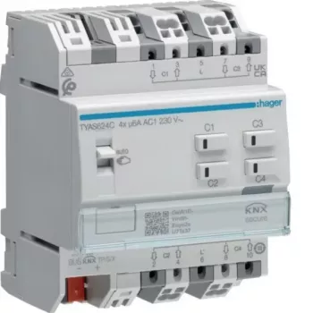 Hager TYAS624C KNX Secure 4-kanal rullgardins-/jalusiaktor, 230 V AC, DIN-skena