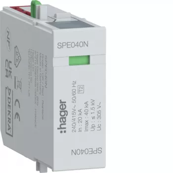 Hager överspänningsskyddsmodul N-PE typ 2 SPD 255V 20kA/40kA 1,5kV SPE040N