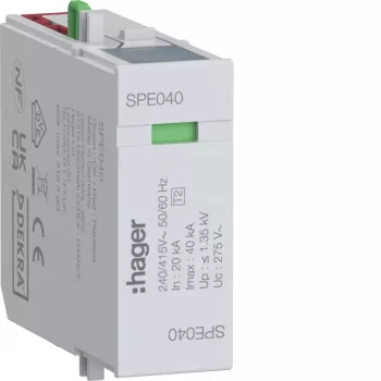 Hager SPE040 överspänningsskyddsmodul L-N Uc 275V In 20kA Imax 40kA Up 1,35kV