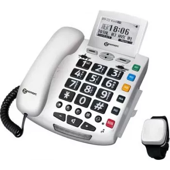Geemarc pack SERENTIES sladdbunden seniortelefon med fallregistreringspendant, bakgrundsbelyst display, vit