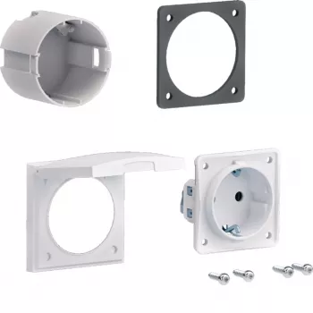 HAGER ZY02SD Schuko-uttags monteringspaket för flänsmontering, 1-fack, 250 V, 16 A, vit