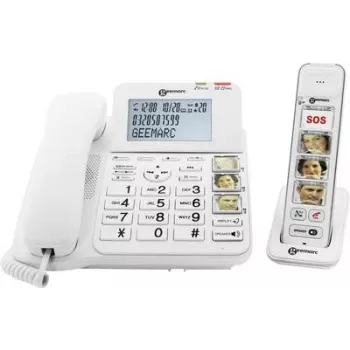 Geemarc AMPLIDECT COMBI-PHOTO 295 sladdtelefon för seniorer med telefonsvarare, fotoknappar, bakgrundsbelyst display, vit